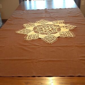 2 pc bundle of brown 68" X 50" oblong tablecloth with crocheted star mat/doily